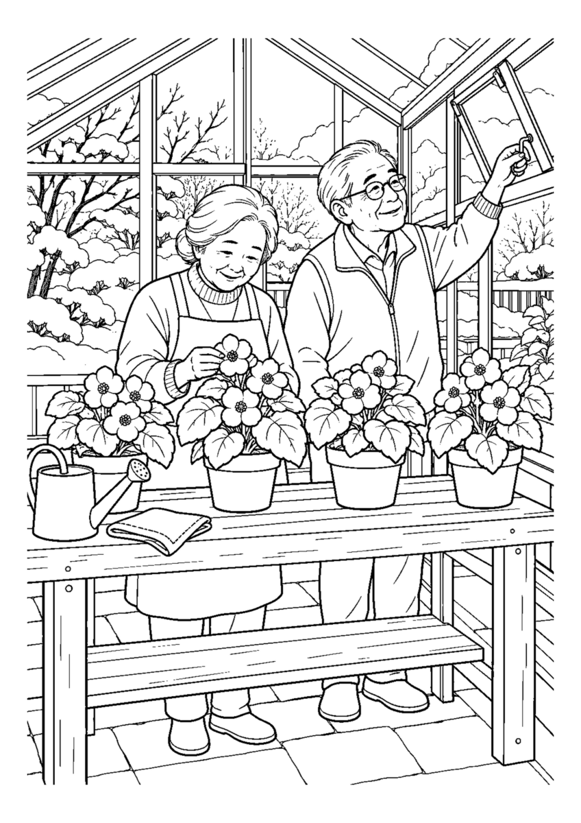 冬咲きベゴニアの温室を大きく描いた高齢者向けの白黒塗り絵