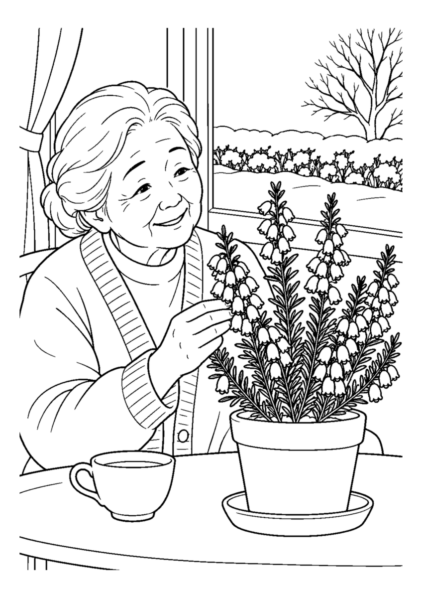 エリカの小さな花を大きく描いた高齢者向けの白黒塗り絵