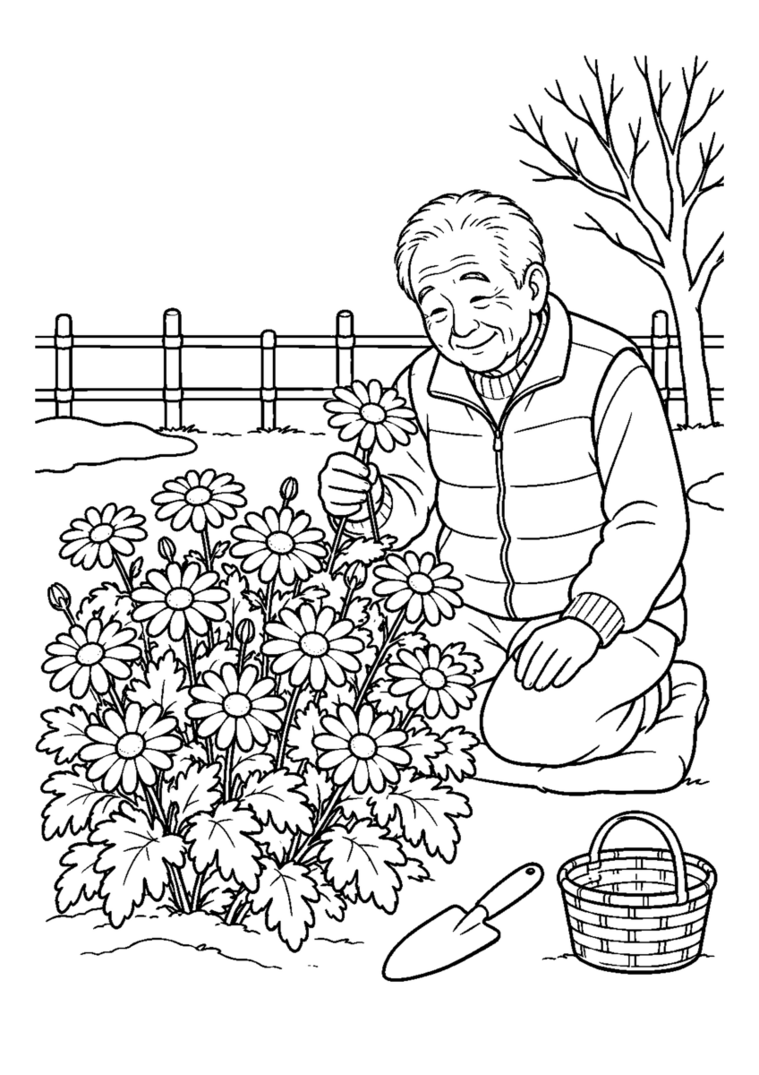 ユリオプスデージーの冬花を大きく描いた高齢者向けの白黒塗り絵