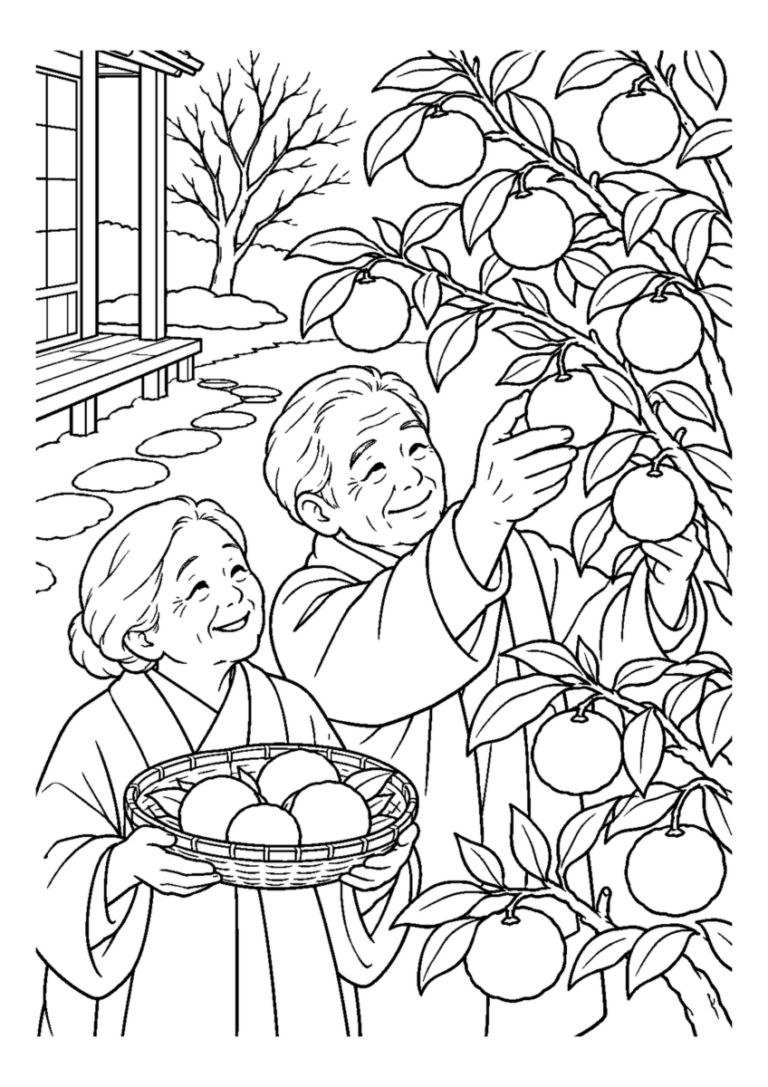 柚子の実を摘むを大きく描いた高齢者向けの白黒塗り絵