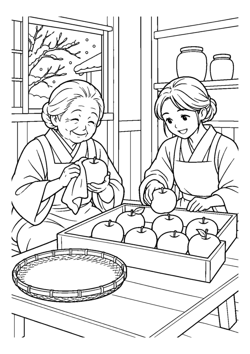 りんご箱に冬りんごを並べるを大きく描いた高齢者向けの白黒塗り絵