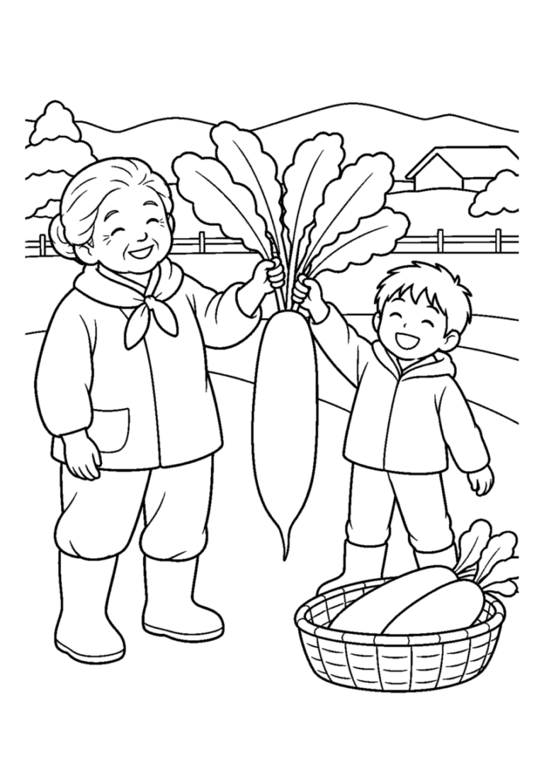 畑から冬大根を抜くを大きく描いた高齢者向けの白黒塗り絵