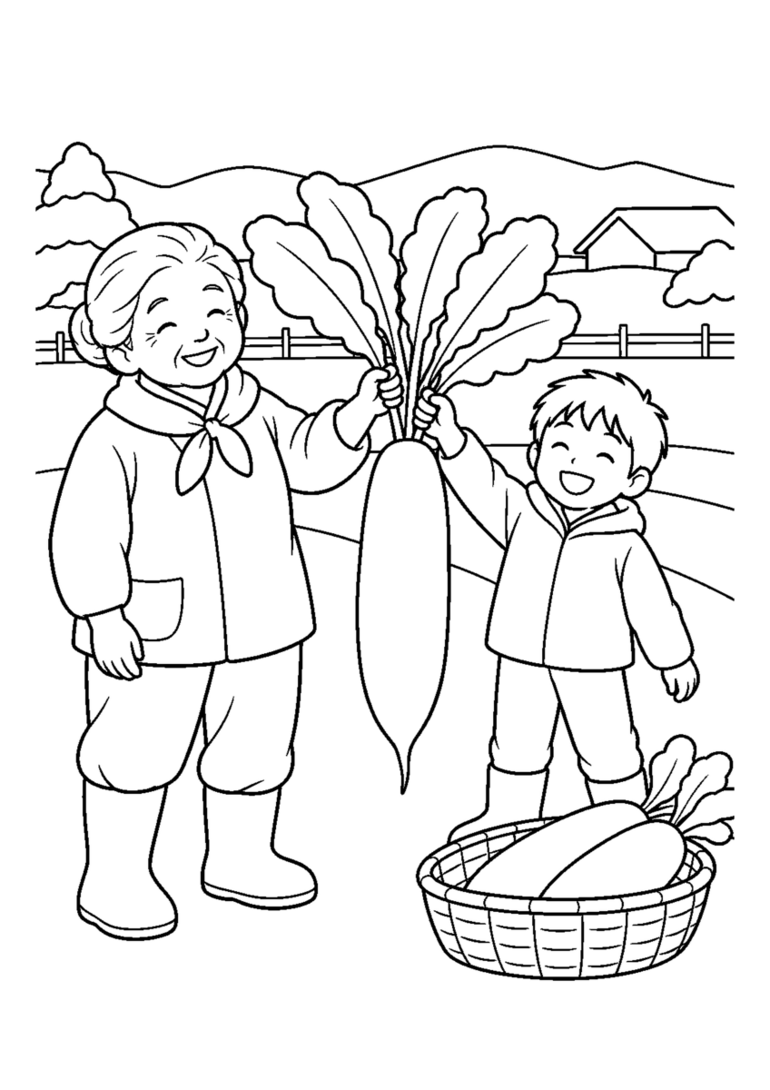 畑から冬大根を抜くを大きく描いた高齢者向けの白黒塗り絵