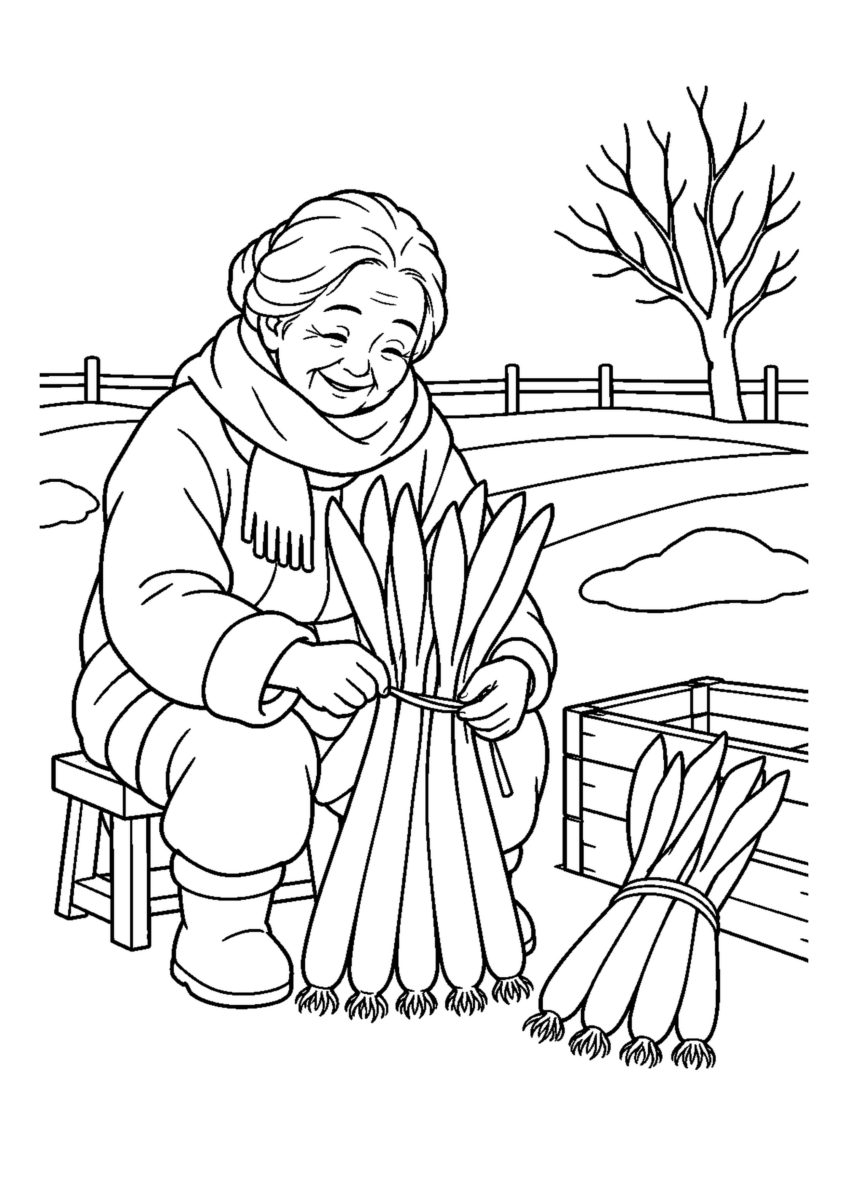 長ねぎの冬収穫を大きく描いた高齢者向けの白黒塗り絵