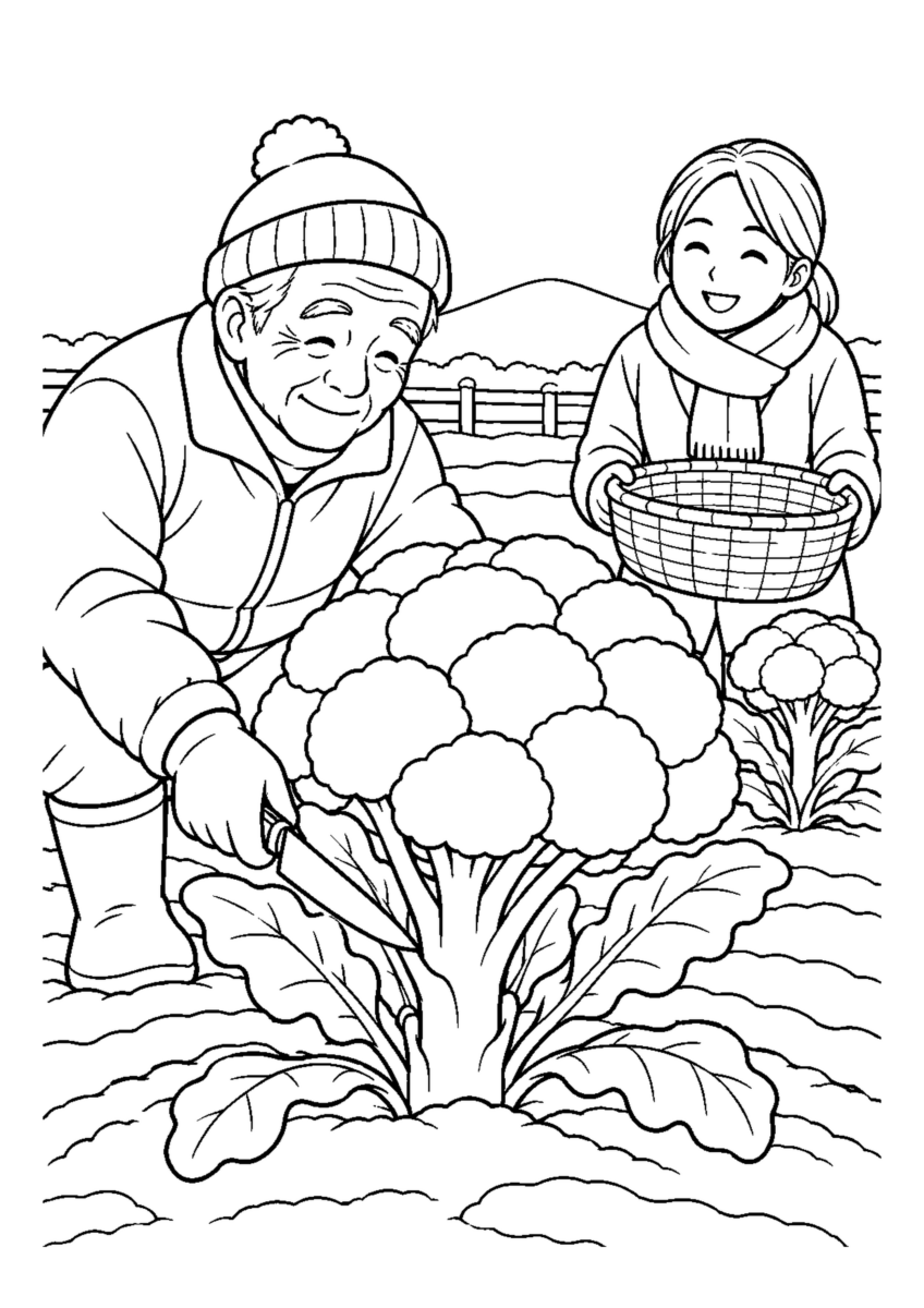 冬畑のブロッコリーを切るを大きく描いた高齢者向けの白黒塗り絵