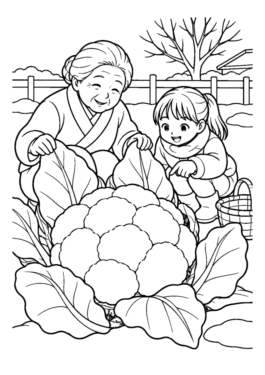 カリフラワーの白い花蕾を大きく描いた高齢者向けの白黒塗り絵