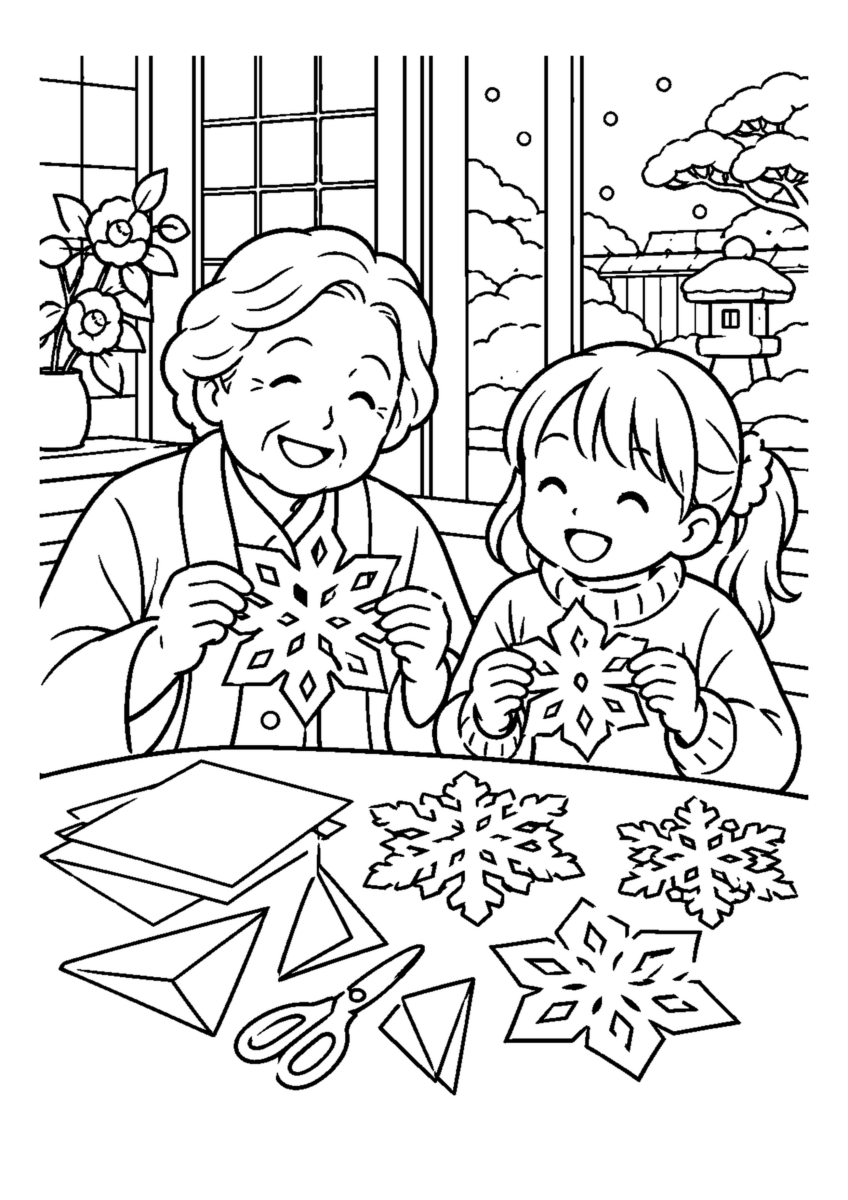 家族で折り紙の雪の結晶。高齢者を含む家族2人から3人が、主役の道具や食べ物を大きく扱う温かな室内の場面。白黒の高齢者向け塗り絵