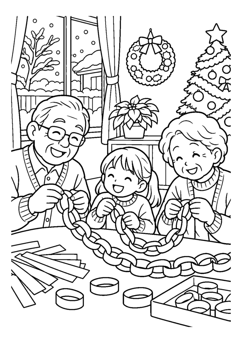 家族で紙輪飾りをつなぐ。高齢者を含む家族2人から3人が、主役の道具や食べ物を大きく扱う温かな室内の場面。白黒の高齢者向け塗り絵