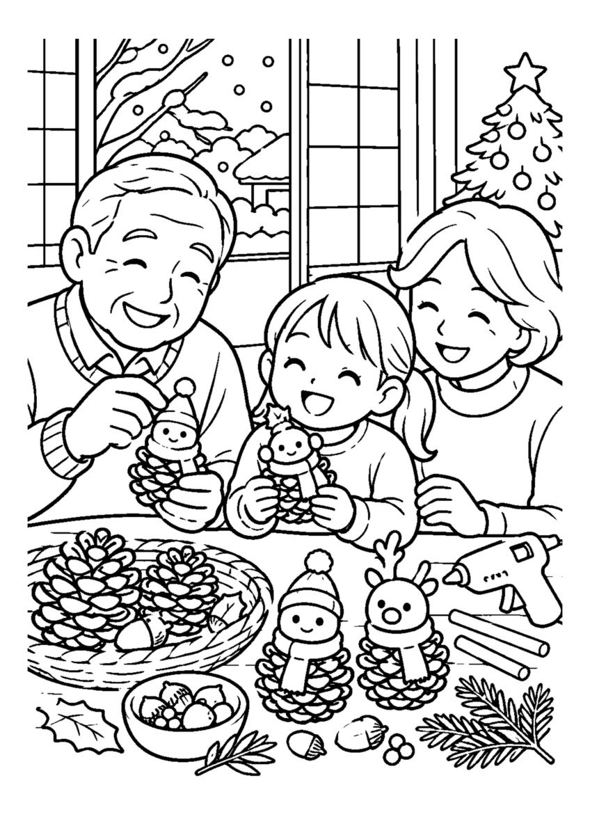 家族で松ぼっくり人形作り。高齢者を含む家族2人から3人が、主役の道具や食べ物を大きく扱う温かな室内の場面。白黒の高齢者向け塗り絵
