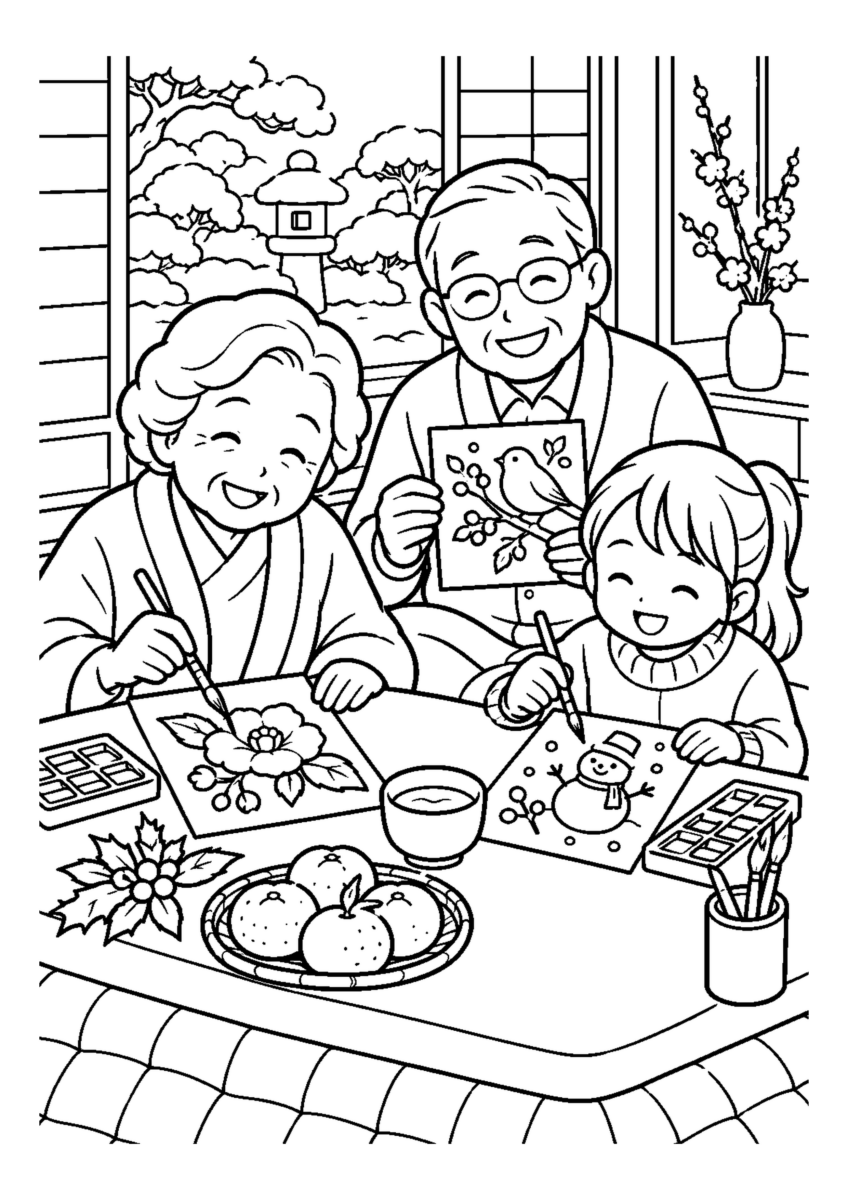 家族で冬の絵手紙。高齢者を含む家族2人から3人が、主役の道具や食べ物を大きく扱う温かな室内の場面。白黒の高齢者向け塗り絵