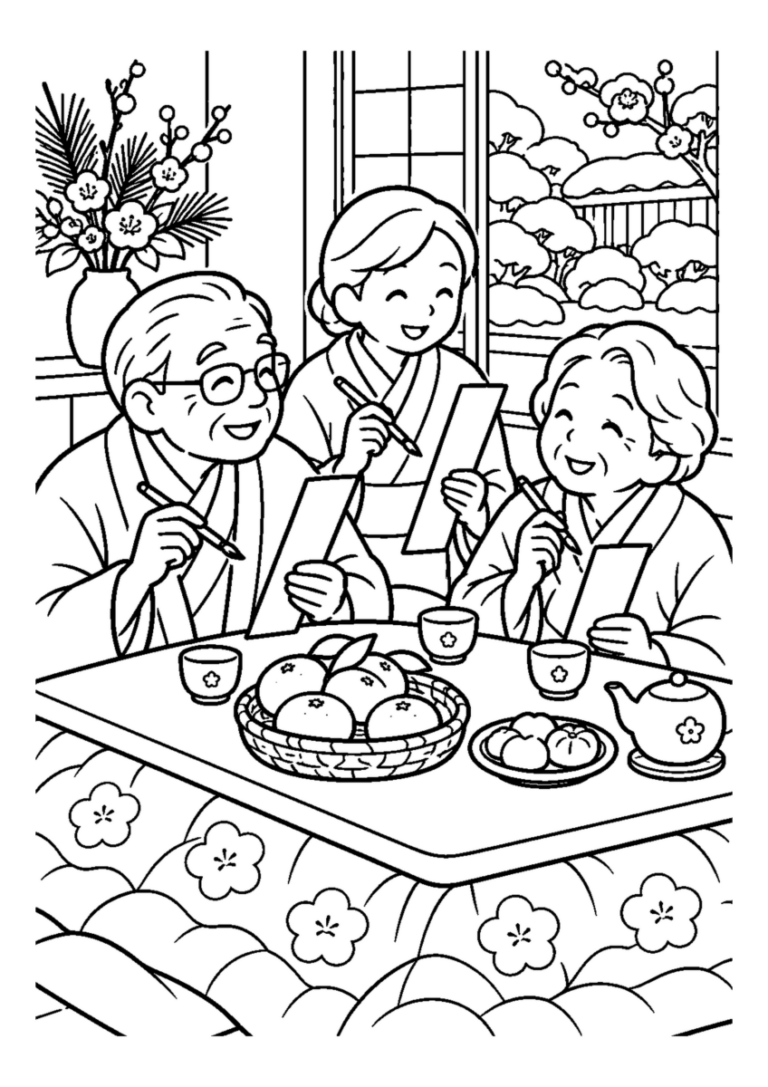 家族で十二月の俳句会。高齢者を含む家族2人から3人が、主役の道具や食べ物を大きく扱う温かな室内の場面。白黒の高齢者向け塗り絵