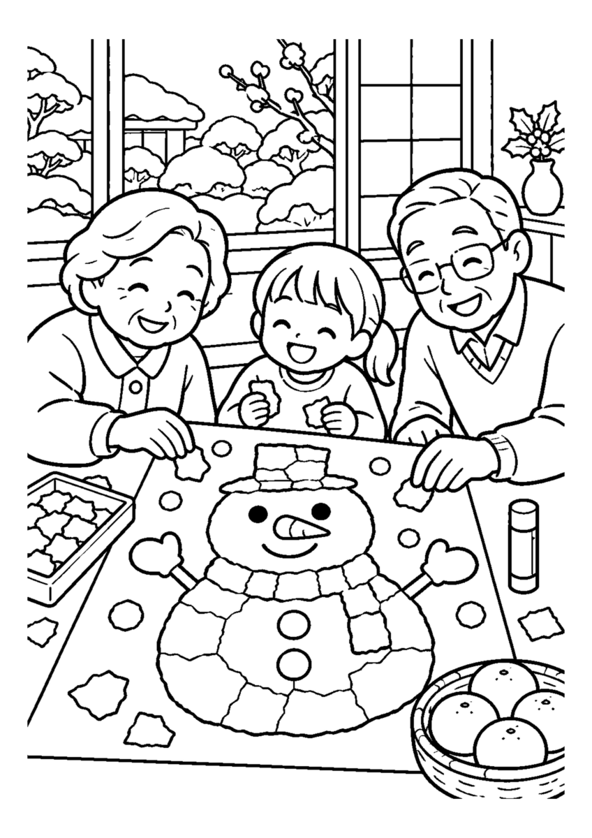 家族で雪だるまの貼り絵。高齢者を含む家族2人から3人が、主役の道具や食べ物を大きく扱う温かな室内の場面。白黒の高齢者向け塗り絵