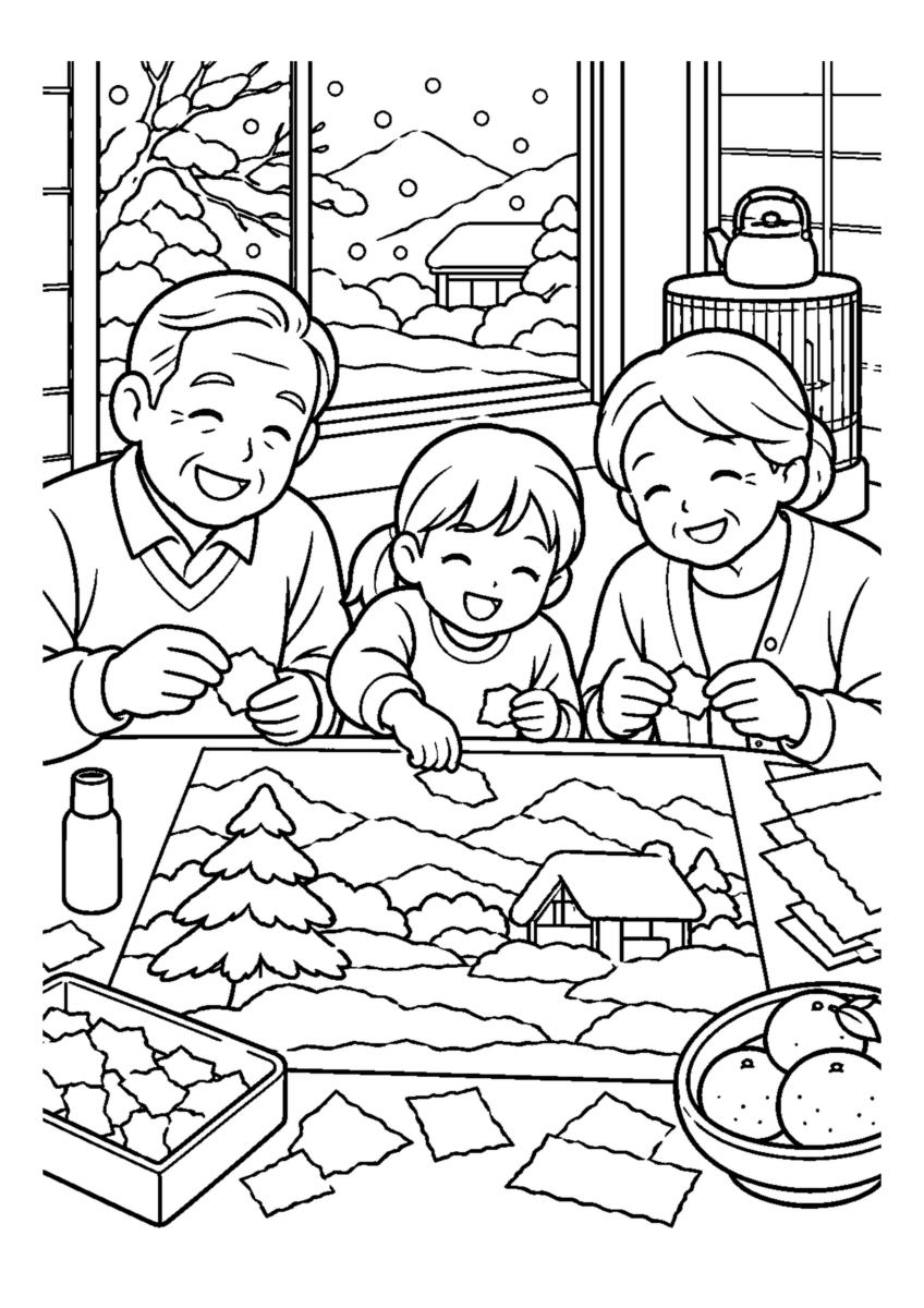 家族で冬景色のちぎり絵。高齢者を含む家族2人から3人が、主役の道具や食べ物を大きく扱う温かな室内の場面。白黒の高齢者向け塗り絵