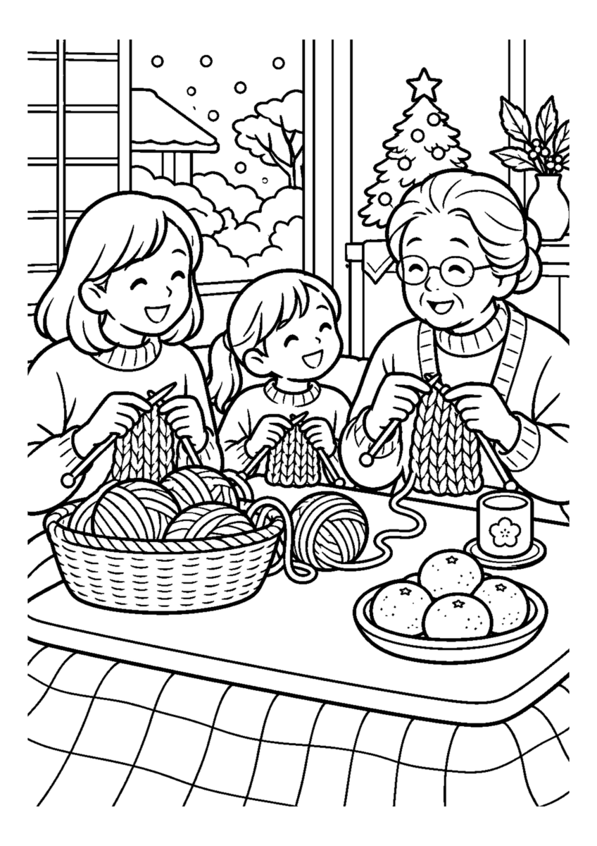 家族で編み物を教わる。高齢者を含む家族2人から3人が、主役の道具や食べ物を大きく扱う温かな室内の場面。白黒の高齢者向け塗り絵
