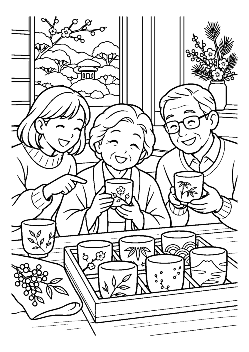 家族で湯のみを選ぶ。高齢者を含む家族2人から3人が、主役の道具や食べ物を大きく扱う温かな室内の場面。白黒の高齢者向け塗り絵