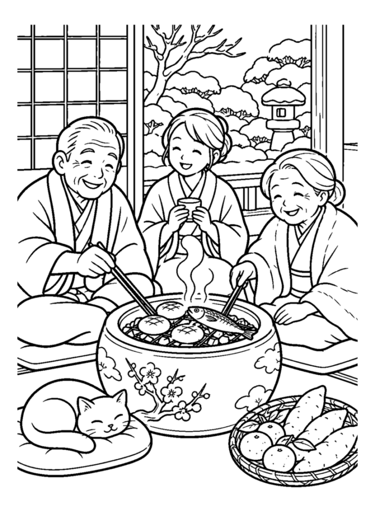 家族で火鉢を囲む。高齢者を含む家族2人から3人が、主役の道具や食べ物を大きく扱う温かな室内の場面。白黒の高齢者向け塗り絵