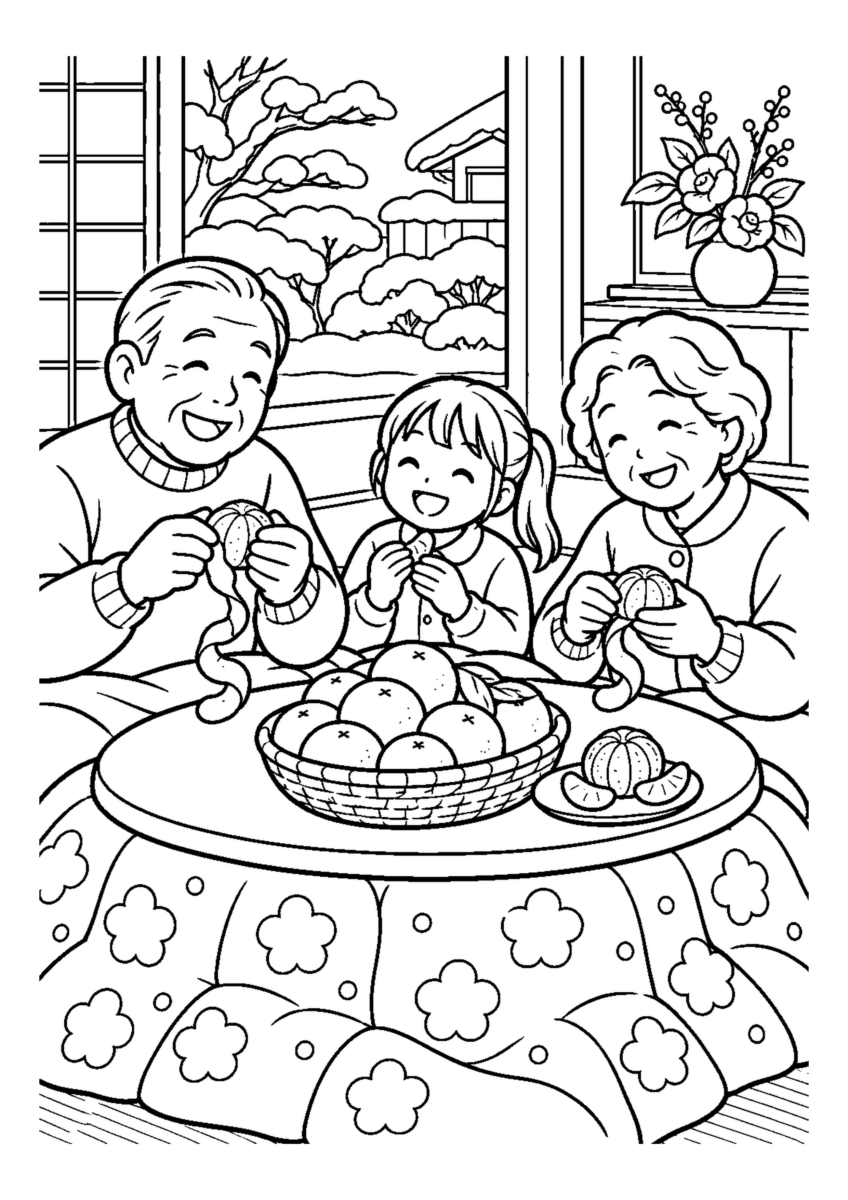 家族でみかんの皮むき。高齢者を含む家族2人から3人が、主役の道具や食べ物を大きく扱う温かな室内の場面。白黒の高齢者向け塗り絵