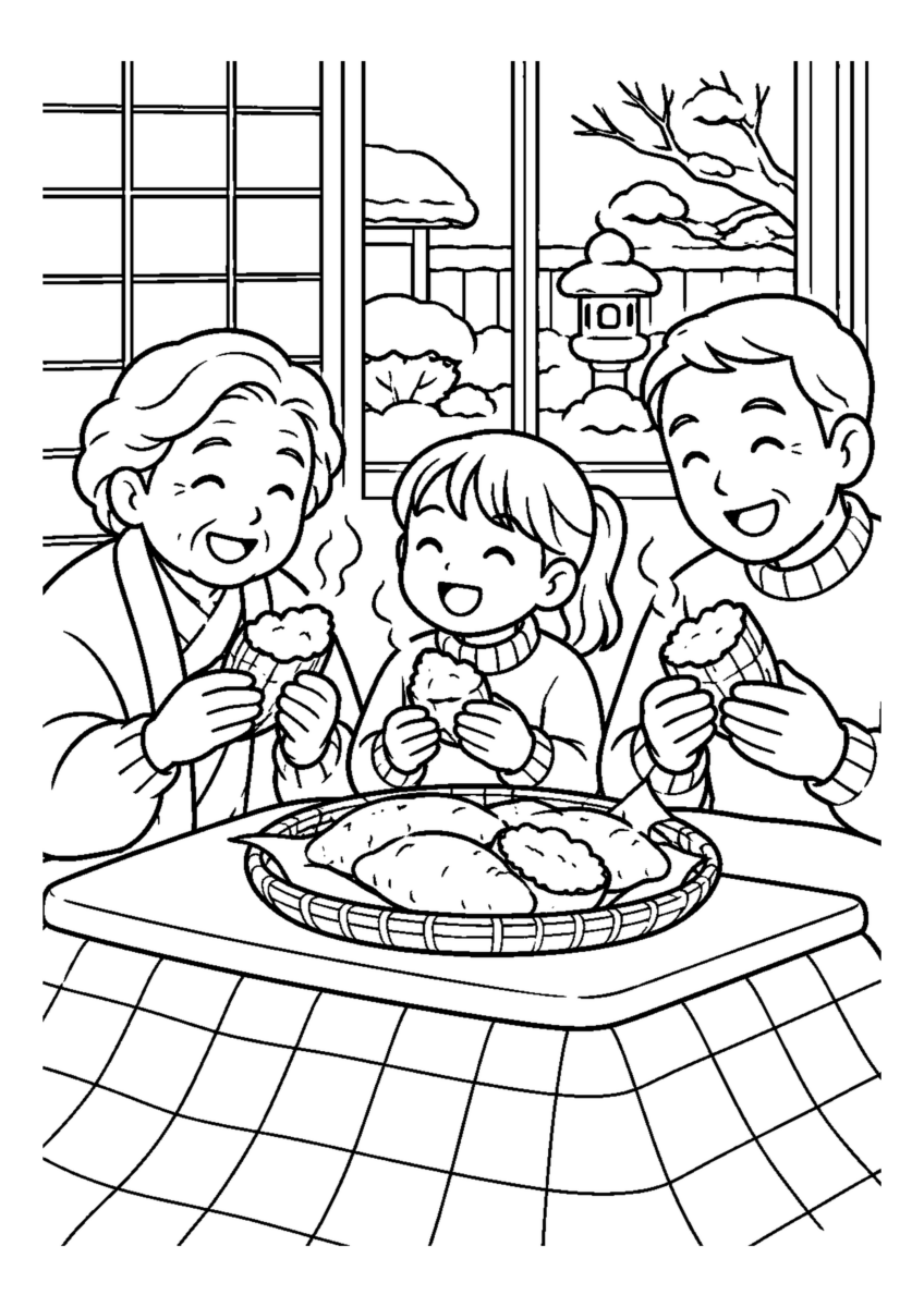 家族で焼き芋を分ける。高齢者を含む家族2人から3人が、主役の道具や食べ物を大きく扱う温かな室内の場面。白黒の高齢者向け塗り絵