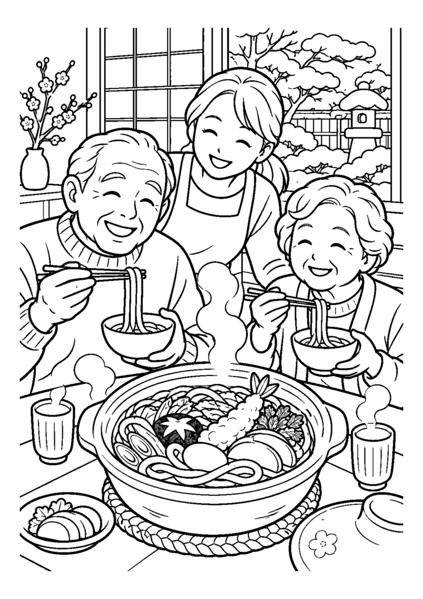 家族で鍋焼きうどん。高齢者を含む家族2人から3人が、主役の道具や食べ物を大きく扱う温かな室内の場面。白黒の高齢者向け塗り絵