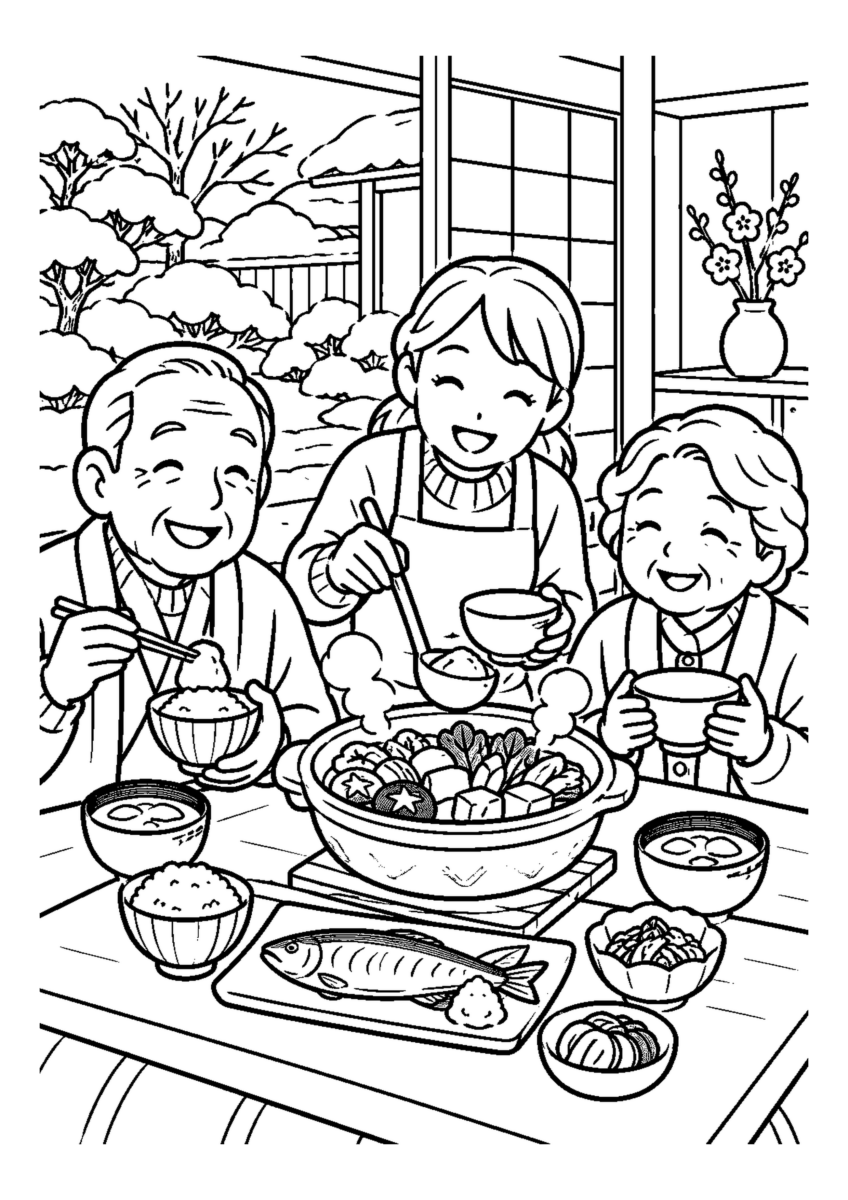 家族で冬の朝食。高齢者を含む家族2人から3人が、主役の道具や食べ物を大きく扱う温かな室内の場面。白黒の高齢者向け塗り絵