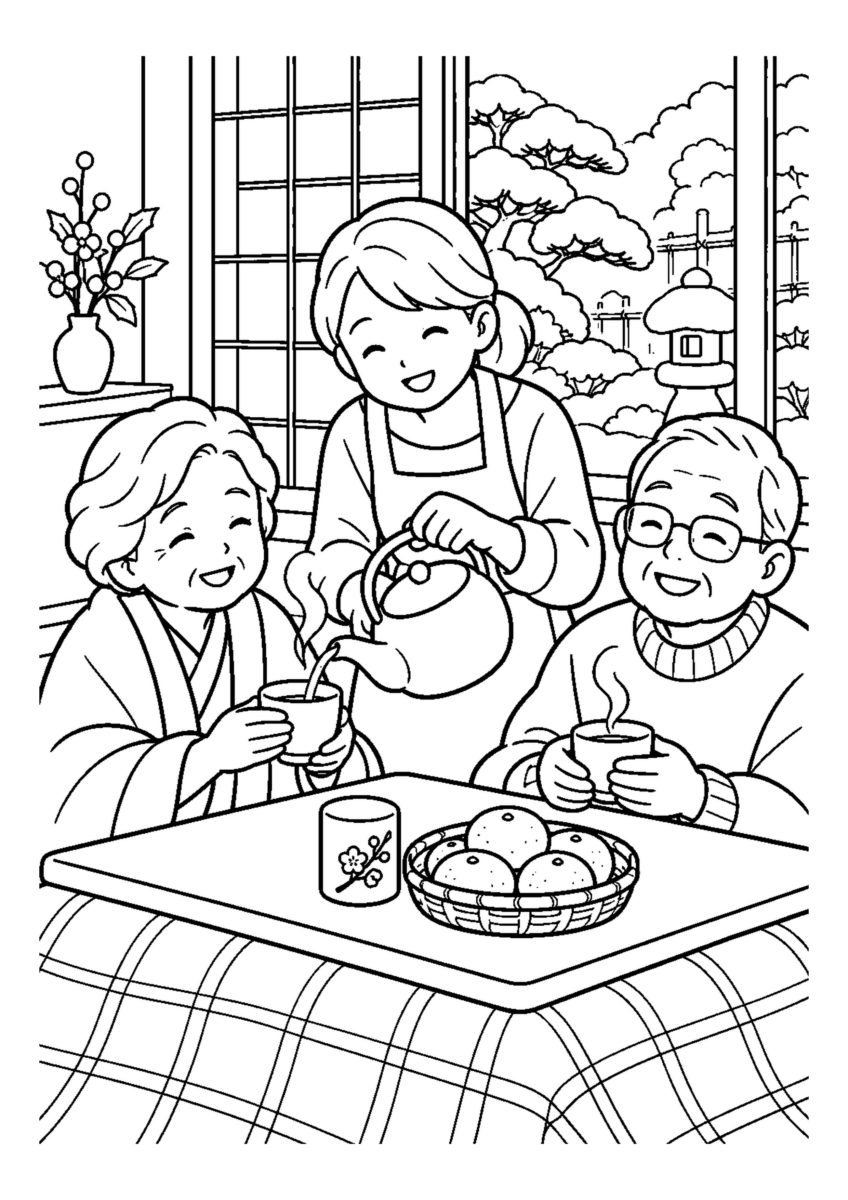 家族で温かいお茶をいれる。高齢者を含む家族2人から3人が、主役の道具や食べ物を大きく扱う温かな室内の場面。白黒の高齢者向け塗り絵