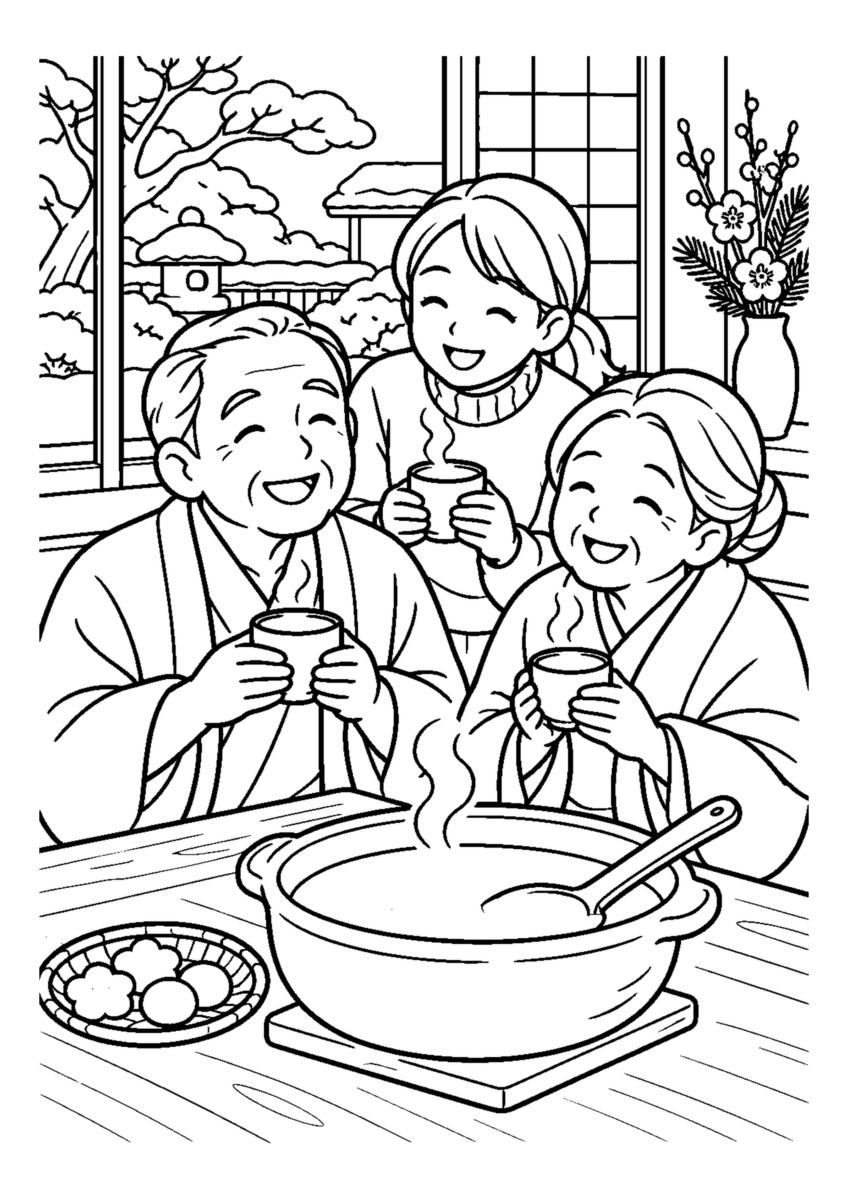 家族で甘酒を味わう。高齢者を含む家族2人から3人が、主役の道具や食べ物を大きく扱う温かな室内の場面。白黒の高齢者向け塗り絵
