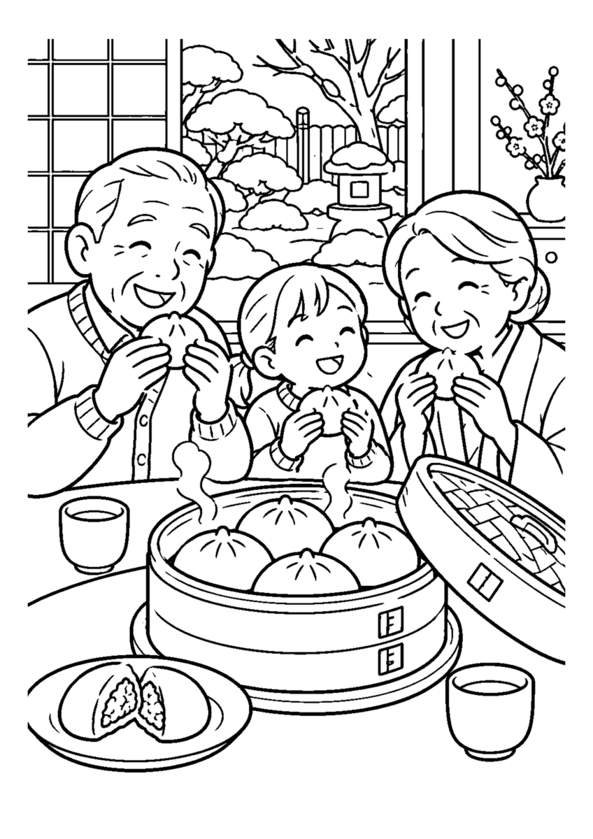 家族で蒸し饅頭を囲む。高齢者を含む家族2人から3人が、主役の道具や食べ物を大きく扱う温かな室内の場面。白黒の高齢者向け塗り絵