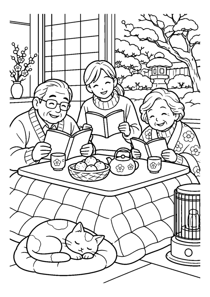 家族で冬の読書。高齢者を含む家族2人から3人が、主役の道具や食べ物を大きく扱う温かな室内の場面。白黒の高齢者向け塗り絵