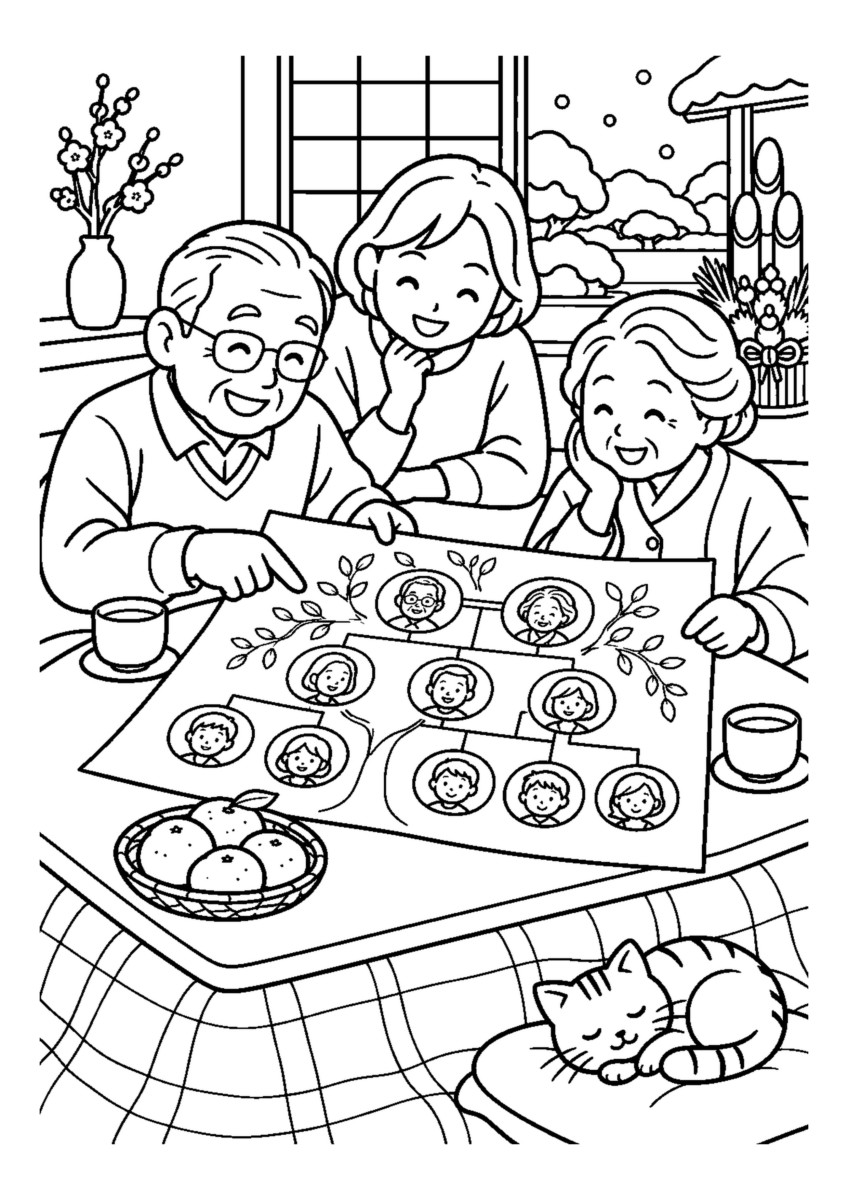 家族で家系図を眺める。高齢者を含む家族2人から3人が、主役の道具や食べ物を大きく扱う温かな室内の場面。白黒の高齢者向け塗り絵