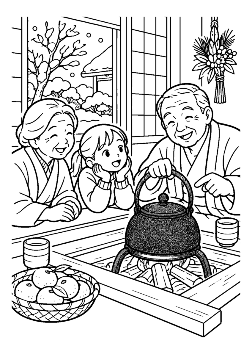 家族で昔の道具を語る。高齢者を含む家族2人から3人が、主役の道具や食べ物を大きく扱う温かな室内の場面。白黒の高齢者向け塗り絵