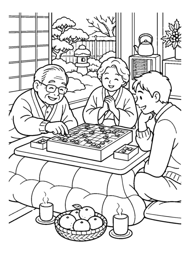 家族で将棋を指す。高齢者を含む家族2人から3人が、主役の道具や食べ物を大きく扱う温かな室内の場面。白黒の高齢者向け塗り絵