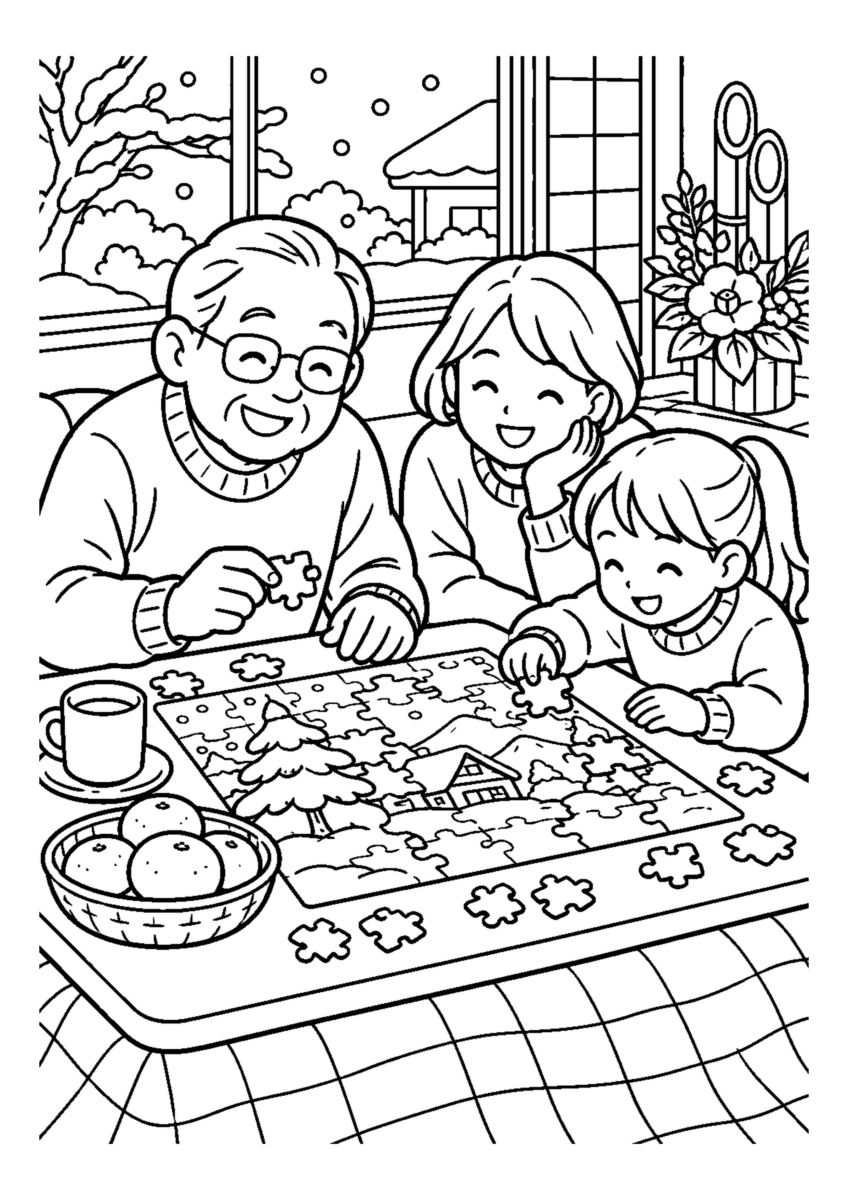 家族で冬のパズル。高齢者を含む家族2人から3人が、主役の道具や食べ物を大きく扱う温かな室内の場面。白黒の高齢者向け塗り絵