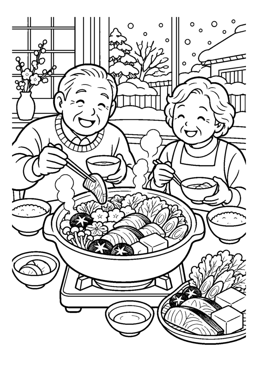 石狩鍋を囲む高齢者1人または2人。料理や食材、手元の動作が一目で分かる冬の台所の場面。白黒の高齢者向け塗り絵