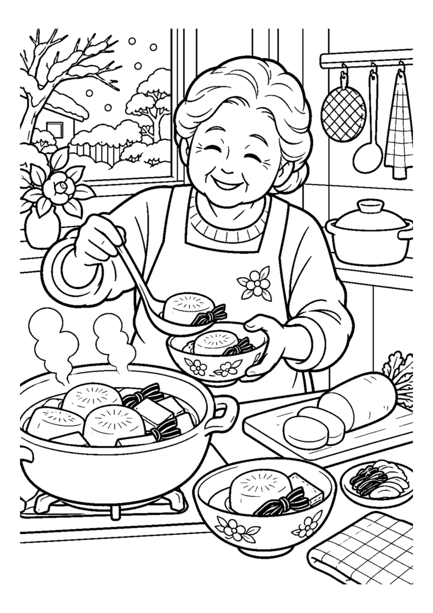 大根の煮物を盛る高齢者1人または2人。料理や食材、手元の動作が一目で分かる冬の台所の場面。白黒の高齢者向け塗り絵