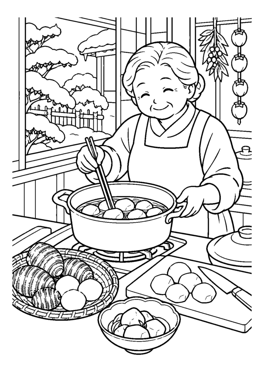 里芋の煮ころがし高齢者1人または2人。料理や食材、手元の動作が一目で分かる冬の台所の場面。白黒の高齢者向け塗り絵