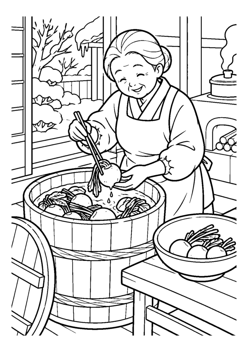 赤かぶ漬けを樽から出す高齢者1人または2人。料理や食材、手元の動作が一目で分かる冬の台所の場面。白黒の高齢者向け塗り絵