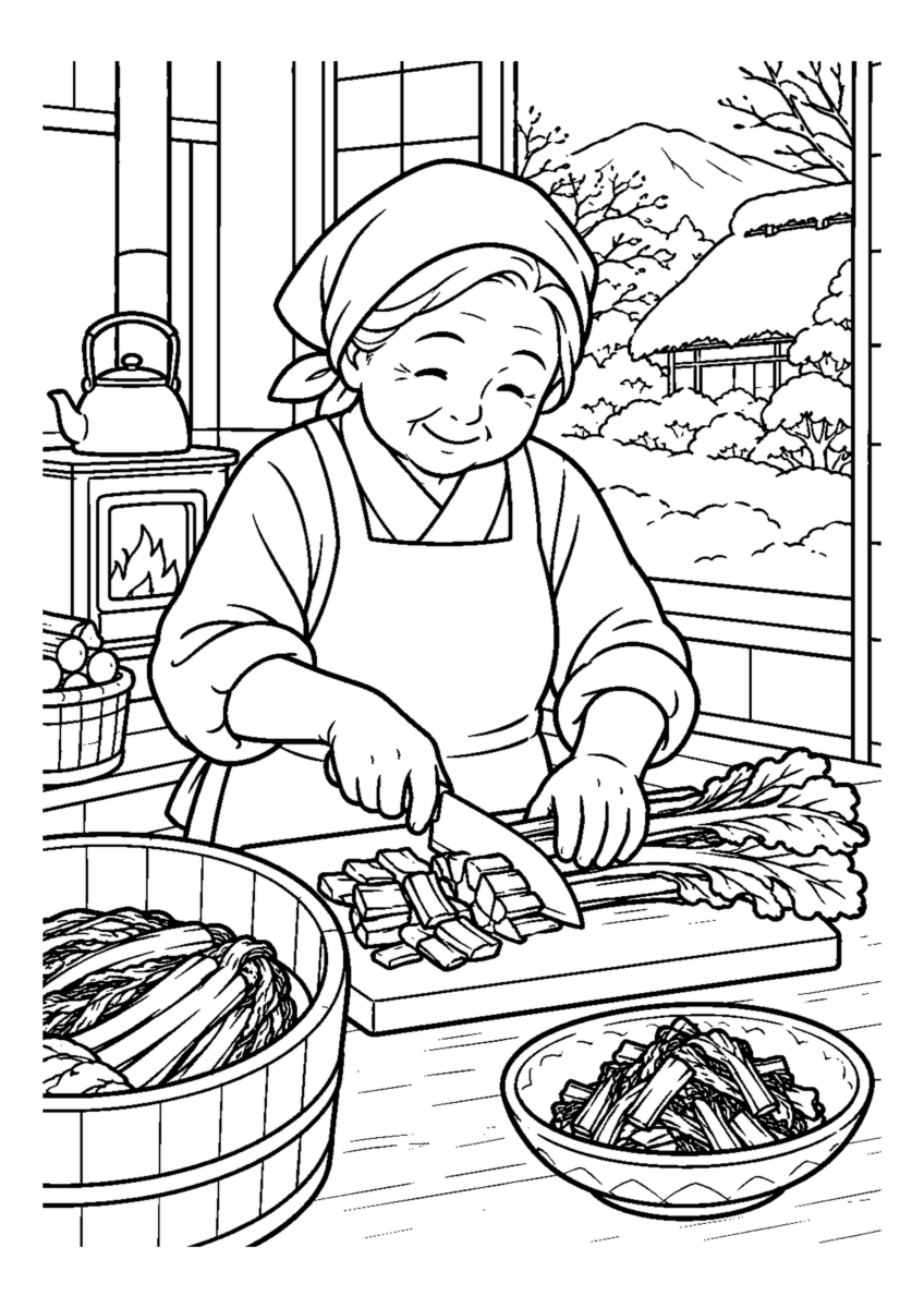 野沢菜漬けを切る高齢者1人または2人。料理や食材、手元の動作が一目で分かる冬の台所の場面。白黒の高齢者向け塗り絵