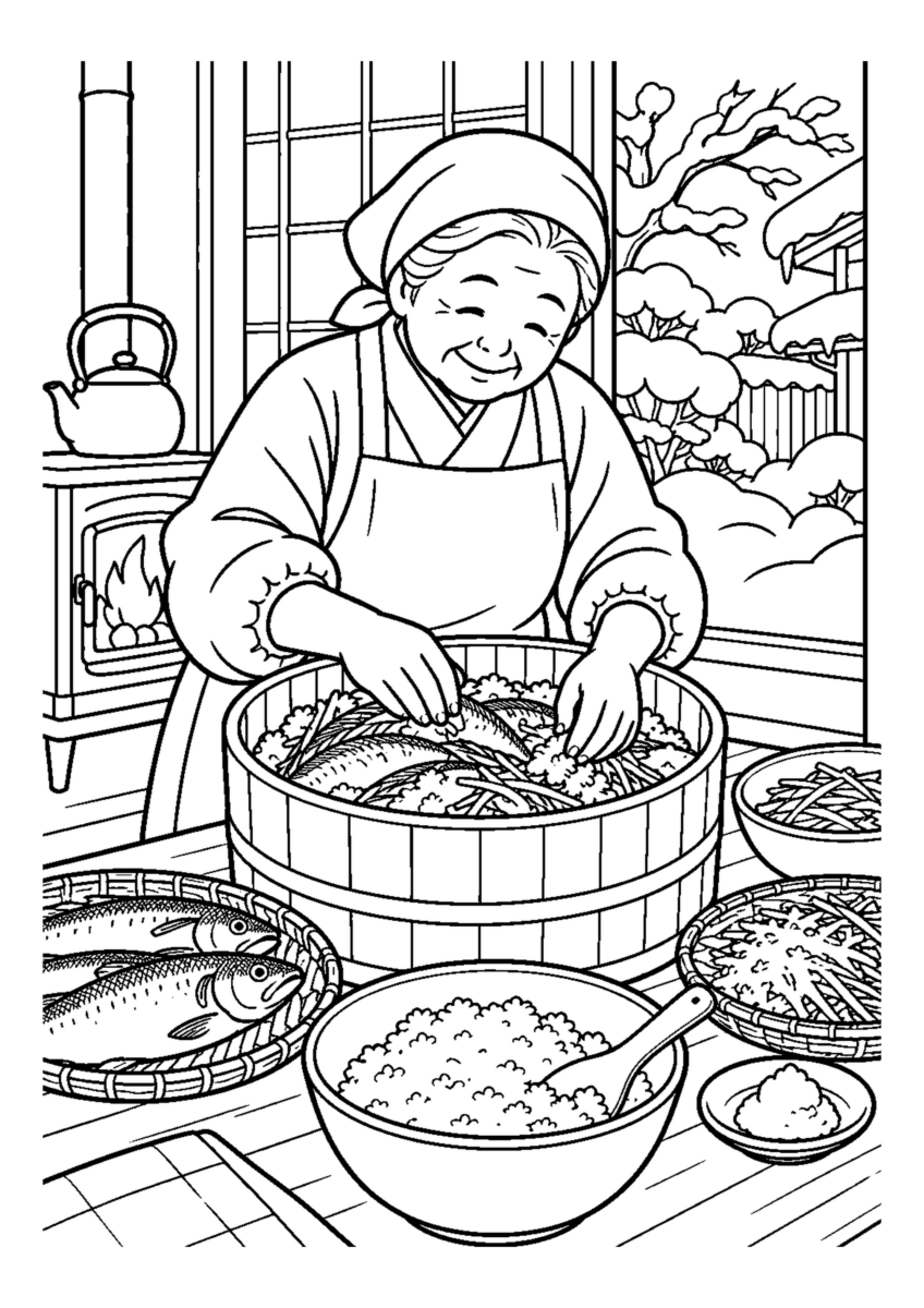 飯寿司を桶に仕込む高齢者1人または2人。料理や食材、手元の動作が一目で分かる冬の台所の場面。白黒の高齢者向け塗り絵