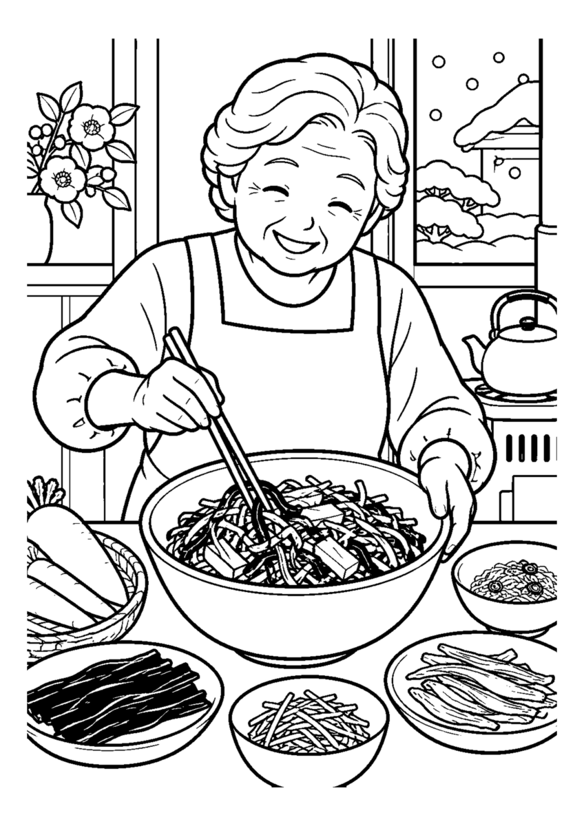 松前漬けを混ぜる高齢者1人または2人。料理や食材、手元の動作が一目で分かる冬の台所の場面。白黒の高齢者向け塗り絵