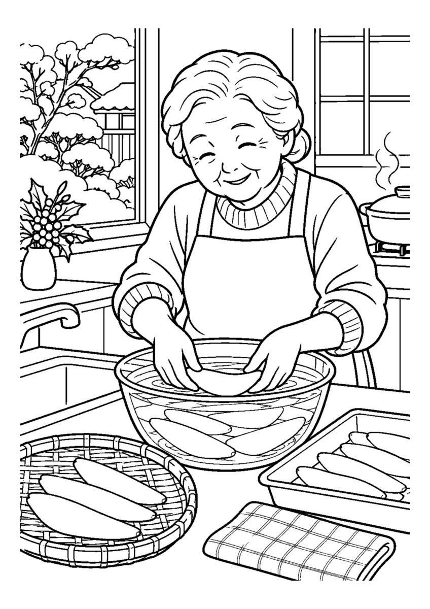 数の子を塩抜きする高齢者1人または2人。料理や食材、手元の動作が一目で分かる冬の台所の場面。白黒の高齢者向け塗り絵