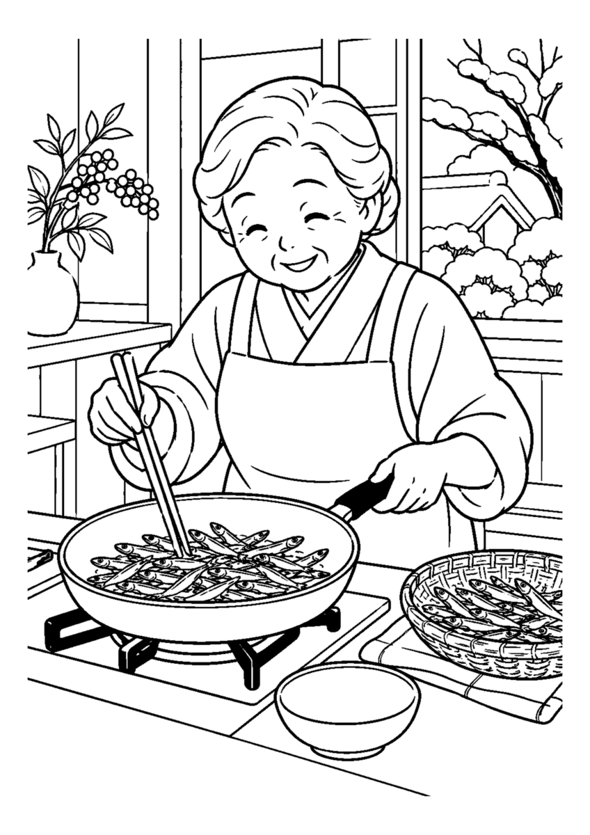 田作りの小魚を乾煎り高齢者1人または2人。料理や食材、手元の動作が一目で分かる冬の台所の場面。白黒の高齢者向け塗り絵