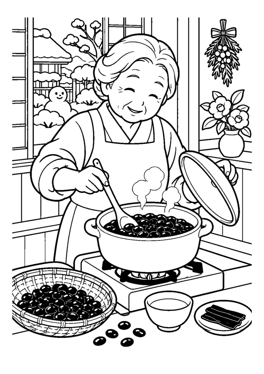 黒豆をふっくら煮る高齢者1人または2人。料理や食材、手元の動作が一目で分かる冬の台所の場面。白黒の高齢者向け塗り絵
