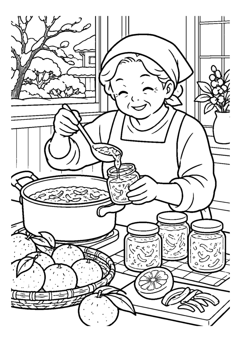 柚子ジャムを瓶に詰める高齢者1人または2人。料理や食材、手元の動作が一目で分かる冬の台所の場面。白黒の高齢者向け塗り絵
