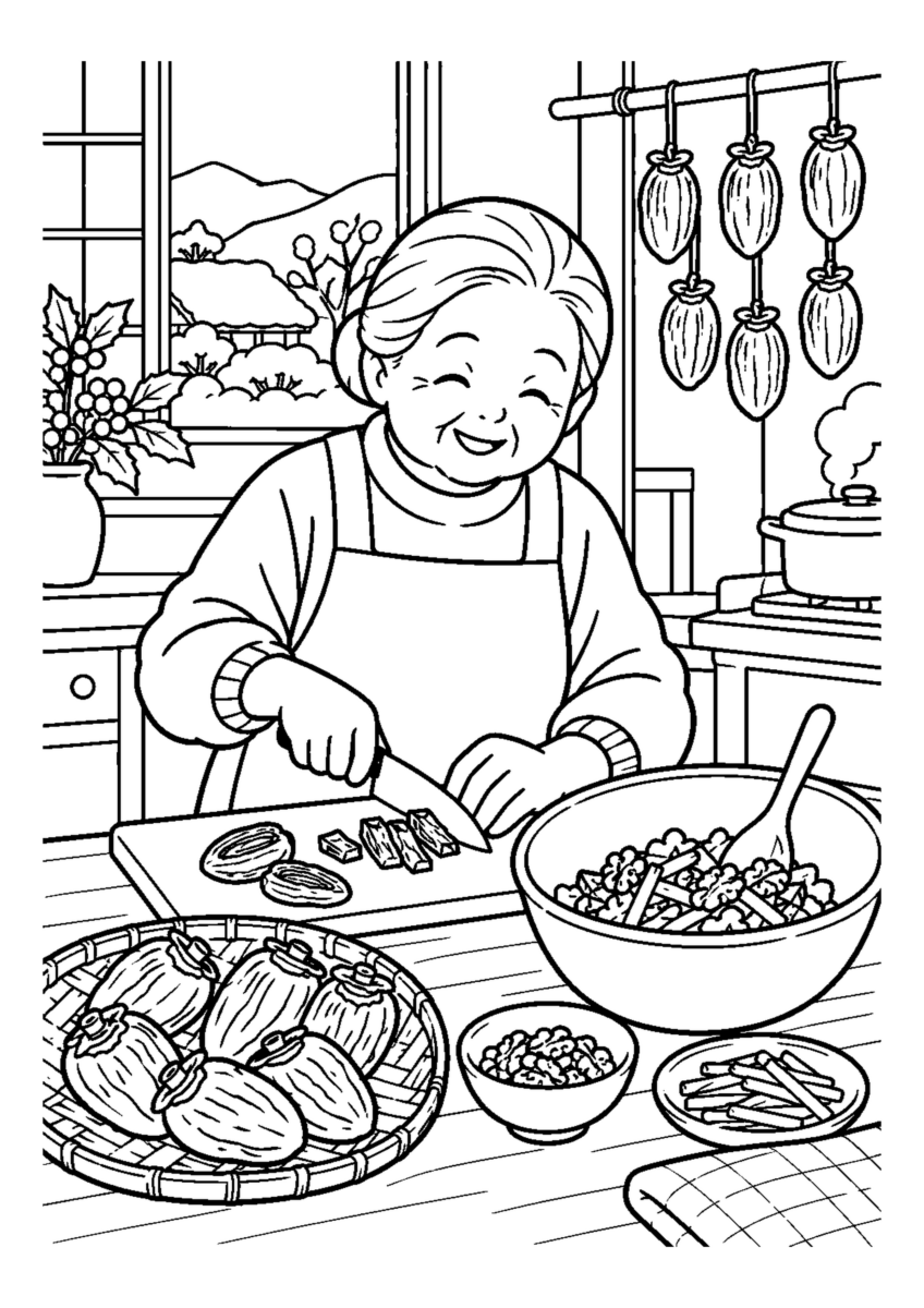 干し柿を刻んで和える高齢者1人または2人。料理や食材、手元の動作が一目で分かる冬の台所の場面。白黒の高齢者向け塗り絵