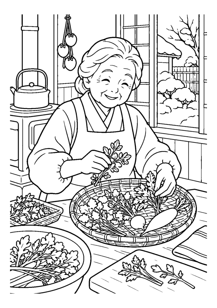 七草籠を準備する高齢者1人または2人。料理や食材、手元の動作が一目で分かる冬の台所の場面。白黒の高齢者向け塗り絵