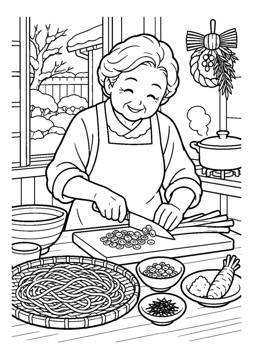 年越しそばの薬味を刻む高齢者1人または2人。料理や食材、手元の動作が一目で分かる冬の台所の場面。白黒の高齢者向け塗り絵