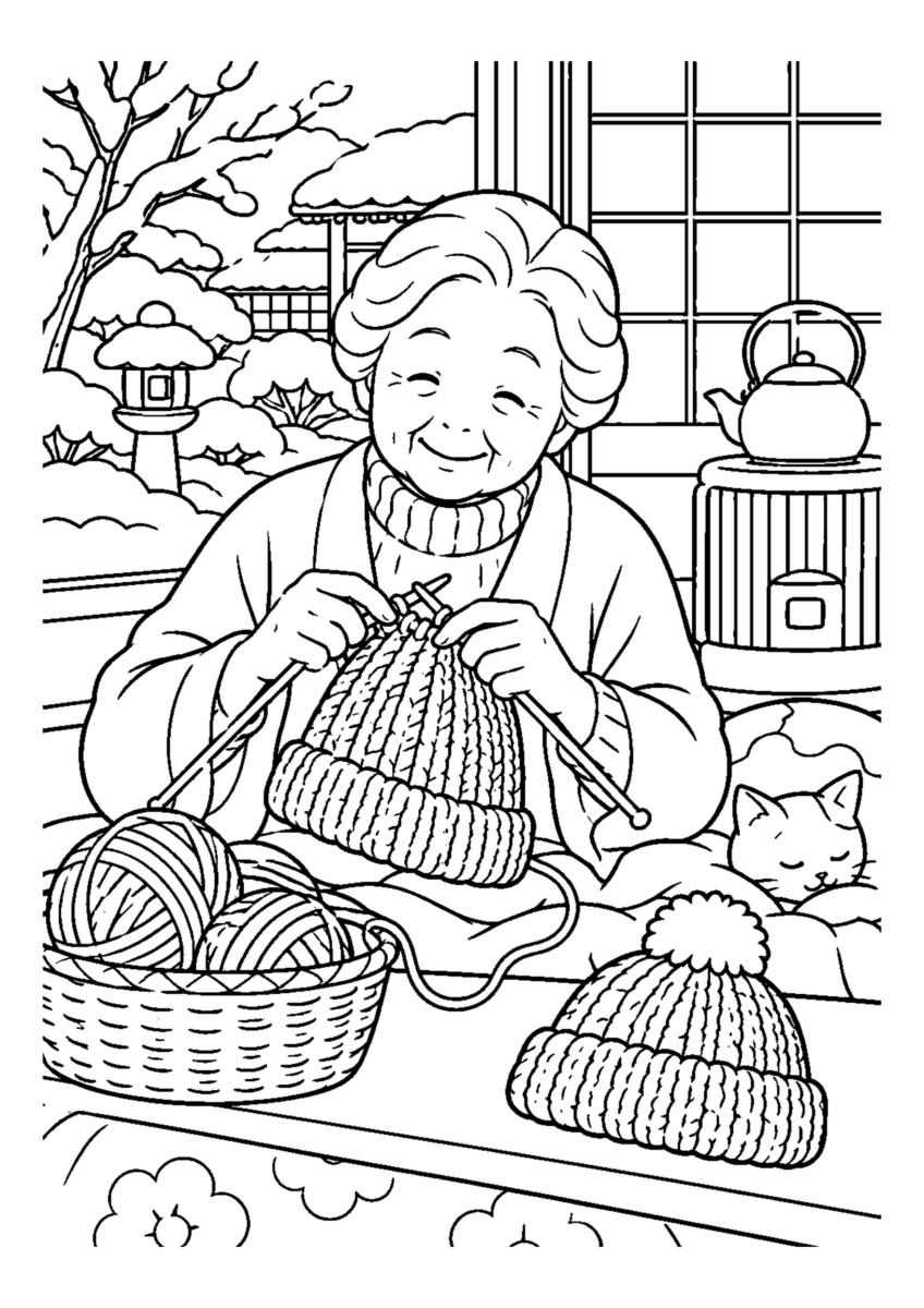 毛糸の帽子を編む高齢者1人または2人。冬の道具と作業の手元を大きく描き、安全な動作が分かる場面。白黒の高齢者向け塗り絵