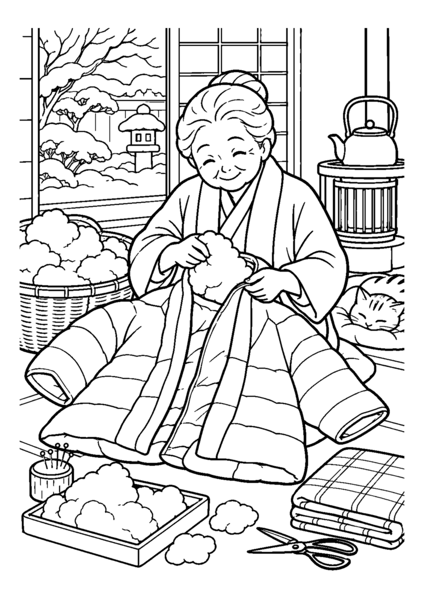【１２月】半纏の綿を入れ直すの塗り絵