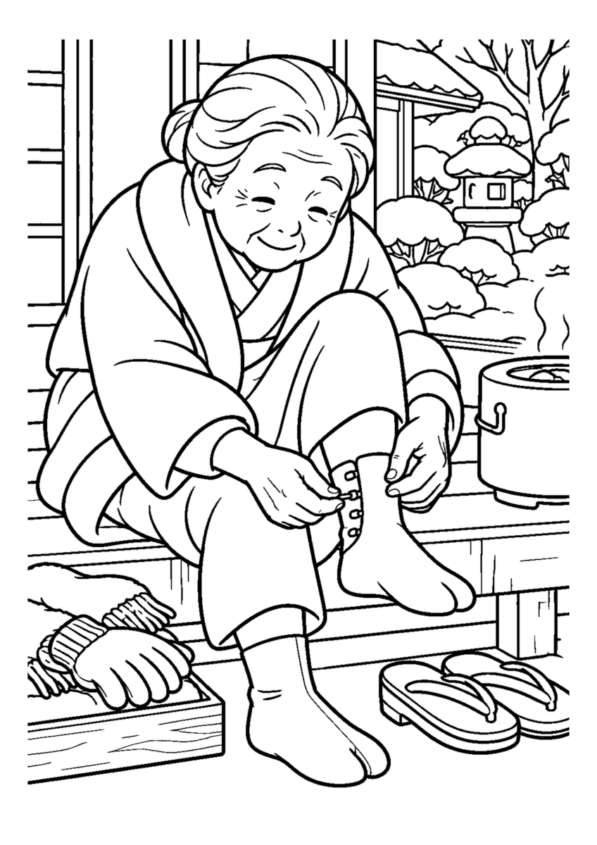 足袋のこはぜを直す高齢者1人または2人。冬の道具と作業の手元を大きく描き、安全な動作が分かる場面。白黒の高齢者向け塗り絵