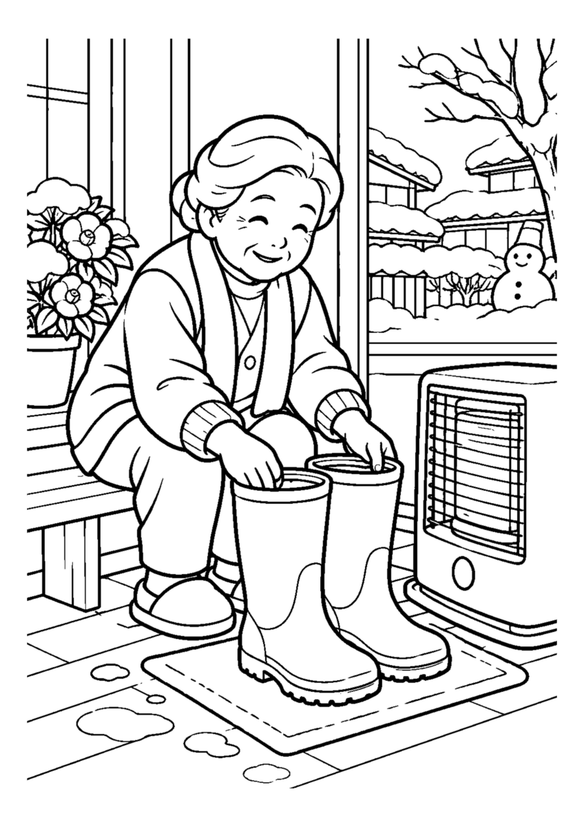長靴を乾かす高齢者1人または2人。冬の道具と作業の手元を大きく描き、安全な動作が分かる場面。白黒の高齢者向け塗り絵